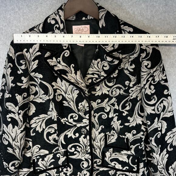 VTG Lovely Blazer Jacket Womens 12 Black White Baroque Damask Pattern 3-Button - Picture 14 of 15